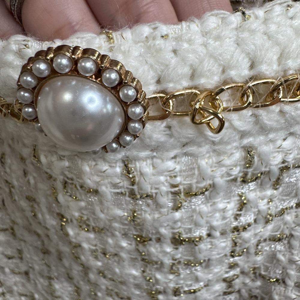 Simply Southern Tweed Dress Size S White Gold Pearl Button Puff Sleeve - Picture 6 of 9